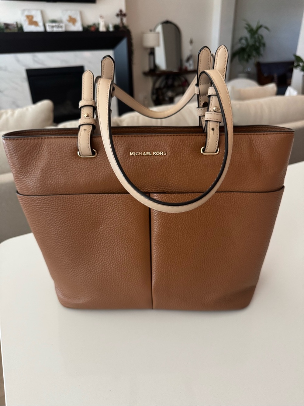 Michael Kors Tan Pebbled Leather Tote with Cream Handles